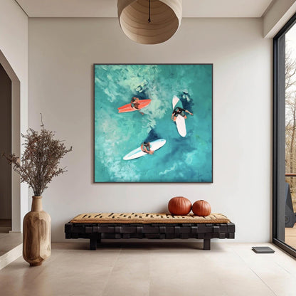 Turquoise Impressionist Seascape Wall Art – Aerial Surfing Art, Three Surfers, Turquoise Waves, Hand-Painted Coastal Painting