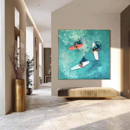 Turquoise Impressionist Seascape Wall Art – Aerial Surfing Art, Three Surfers, Turquoise Waves, Hand-Painted Coastal Painting