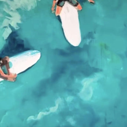 Aerial Surfing Art, Three Surfers, Turquoise Waves, Hand-Painted Coastal Painting – Turquoise Seascape Wall Art | Hand-Painte