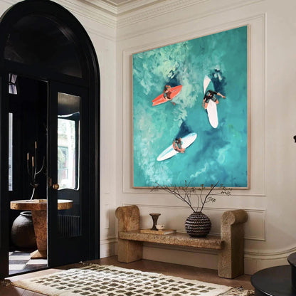 Aerial Surfing Art, Three Surfers, Turquoise Waves, Hand-Painted Coastal Painting – Turquoise Seascape Wall Art | Hand-Painte