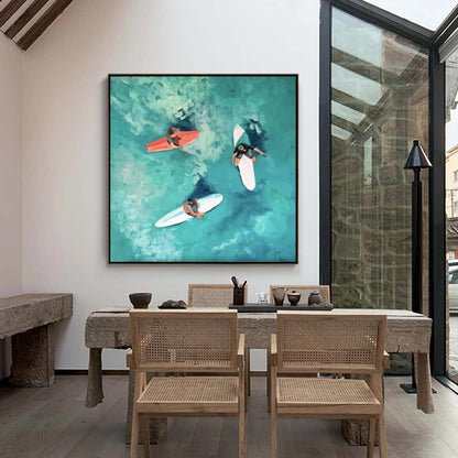 Aerial Surfing Art, Three Surfers, Turquoise Waves, Hand-Painted Coastal Painting – Turquoise Seascape Wall Art | Hand-Painte