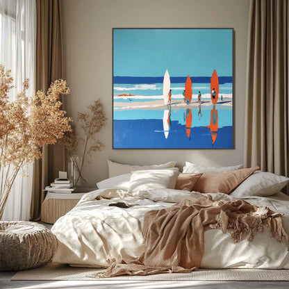 Colorful Coastal Beach Seascape Wall Art – Vibrant Beach Surfing Print, Four Surfers, Colorful Boards, Coastal Wall Decor