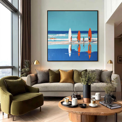 Colorful Coastal Beach Seascape Wall Art – Vibrant Beach Surfing Print, Four Surfers, Colorful Boards, Coastal Wall Decor