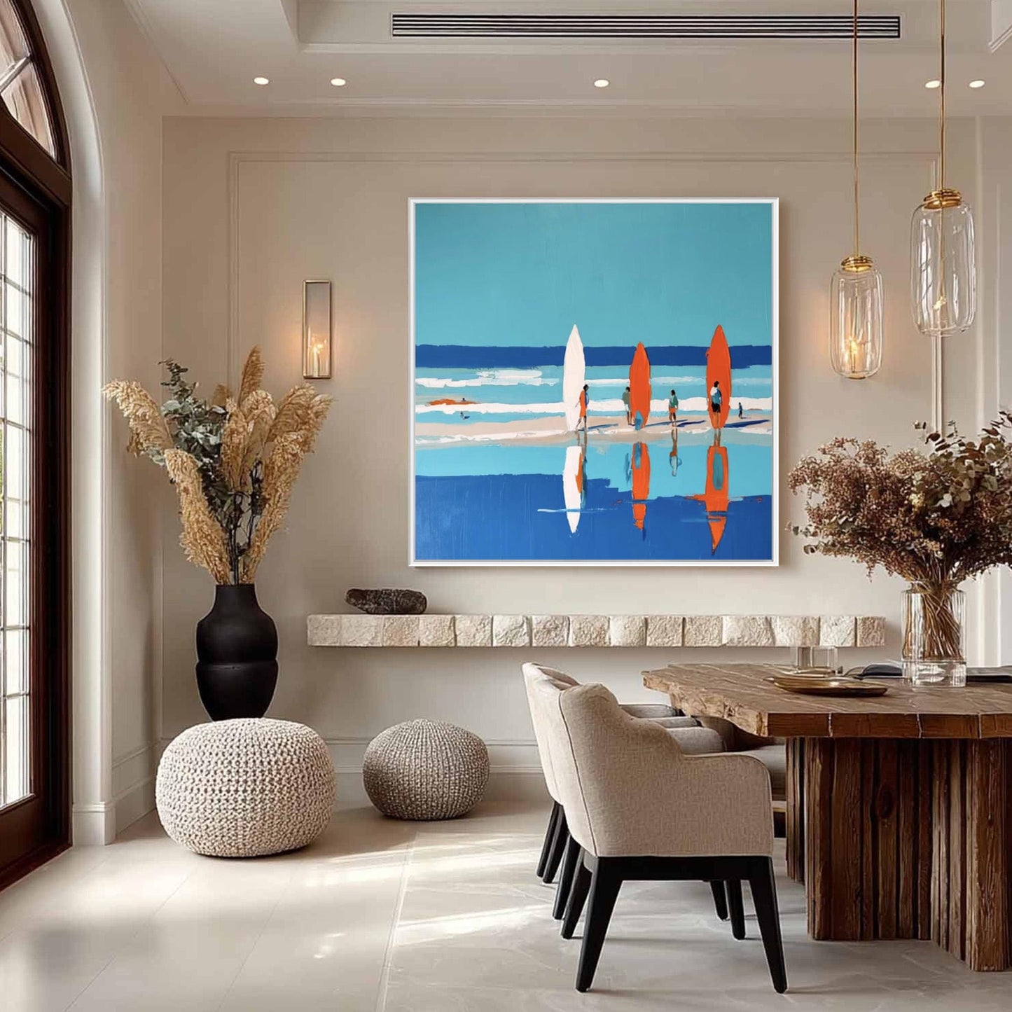 Colorful Coastal Beach Seascape Wall Art – Vibrant Beach Surfing Print, Four Surfers, Colorful Boards, Coastal Wall Decor