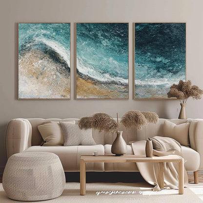 Textured Ocean Wave Triptych – Ocean Wave Seascape Wall Art | Abstract Textured Painting, view 5