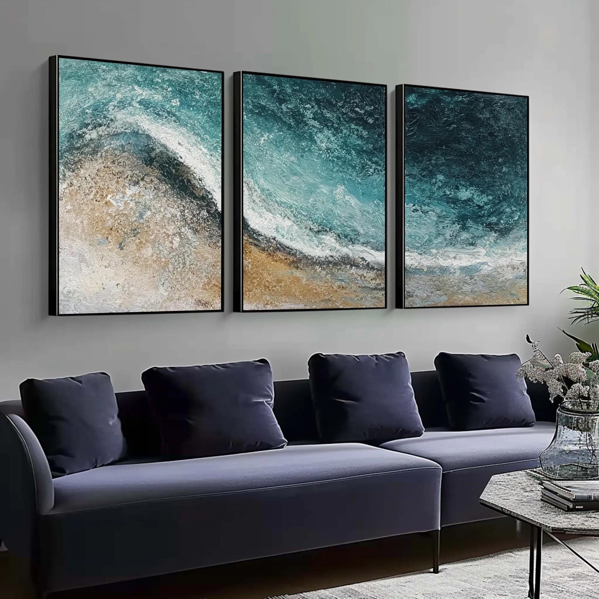 Textured Ocean Wave Triptych – Ocean Wave Seascape Wall Art | Abstract Textured Painting, view 2