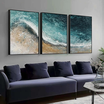 Textured Ocean Wave Triptych – Ocean Wave Seascape Wall Art | Abstract Textured Painting, view 2