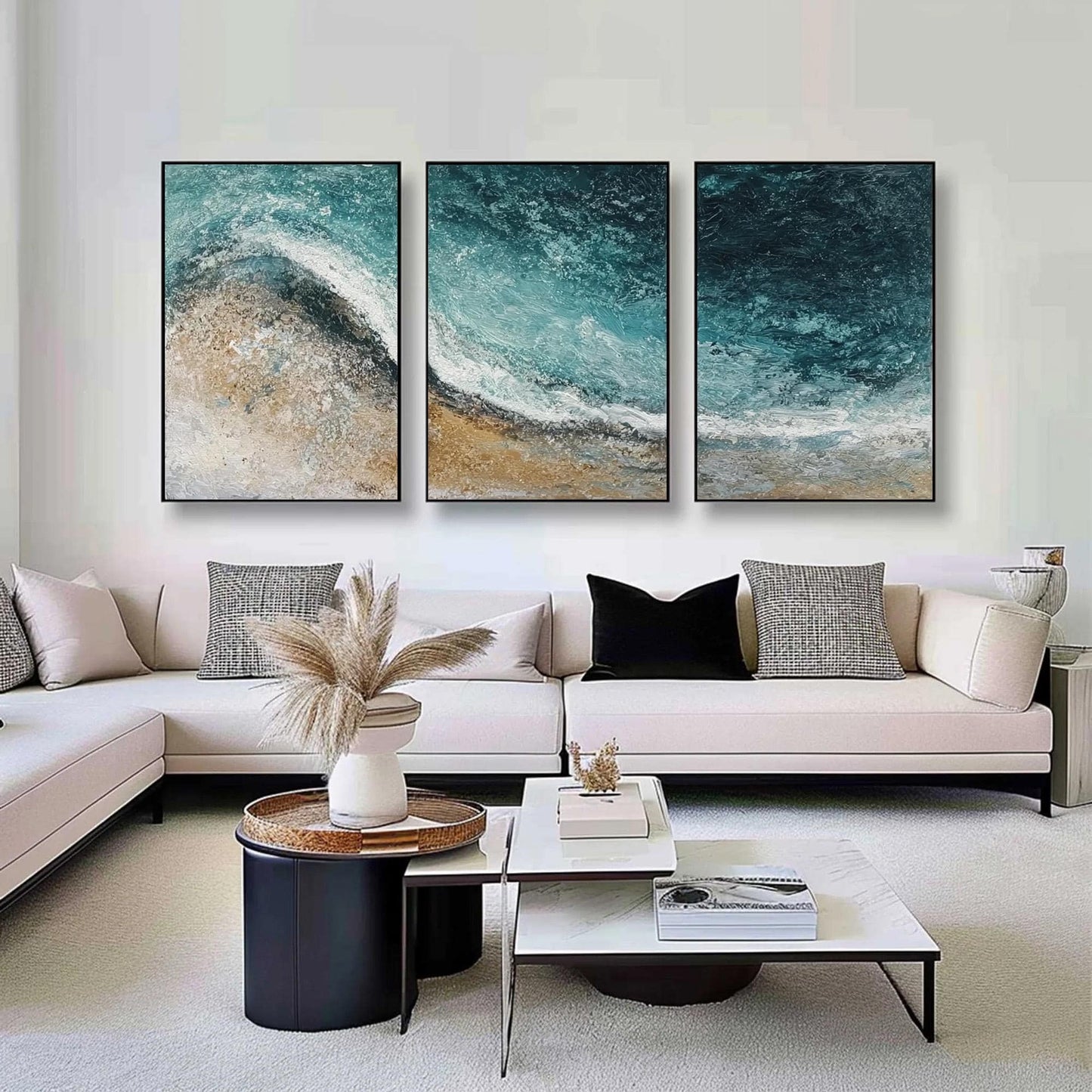 Textured Ocean Wave Triptych – Ocean Wave Seascape Wall Art | Abstract Textured Painting, view 1