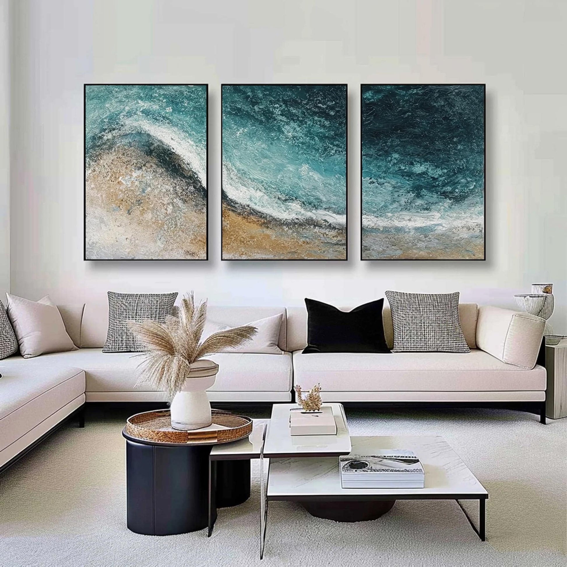Textured Ocean Wave Triptych – Ocean Wave Seascape Wall Art | Abstract Textured Painting, view 1