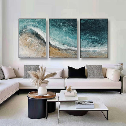 Textured Ocean Wave Triptych – Ocean Wave Seascape Wall Art | Abstract Textured Painting, view 1