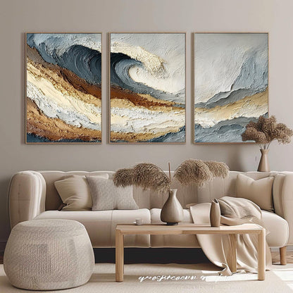 Abstract Textured Beach Seascape Wall Art – Textured Wave Triptych