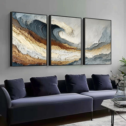 Textured Wave Triptych – Beach Seascape Wall Art | Abstract Textured Painting, view 2