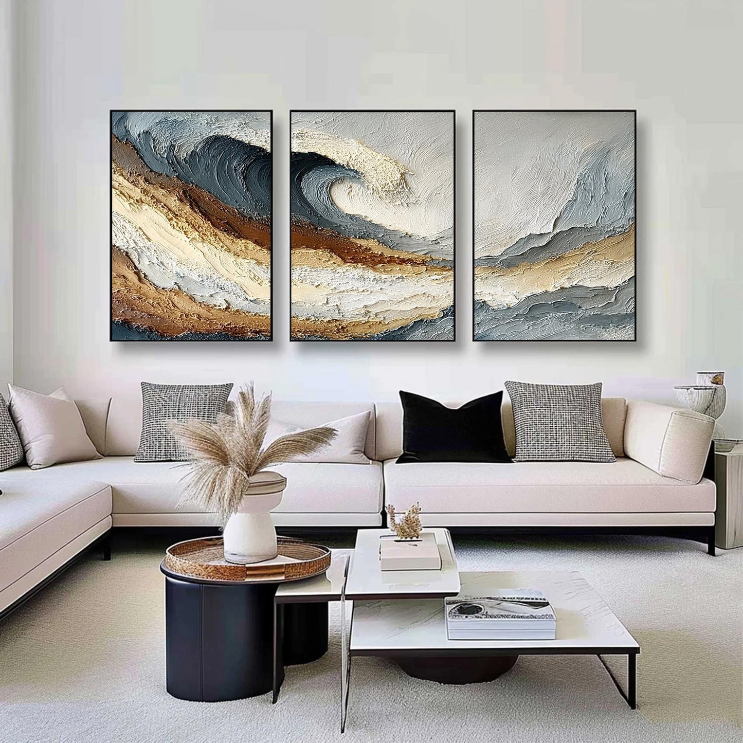 Textured Wave Triptych – Beach Seascape Wall Art | Abstract Textured Painting, view 1