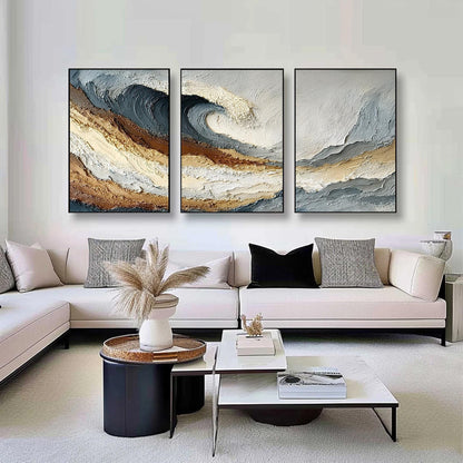 Textured Wave Triptych – Beach Seascape Wall Art | Abstract Textured Painting, view 1