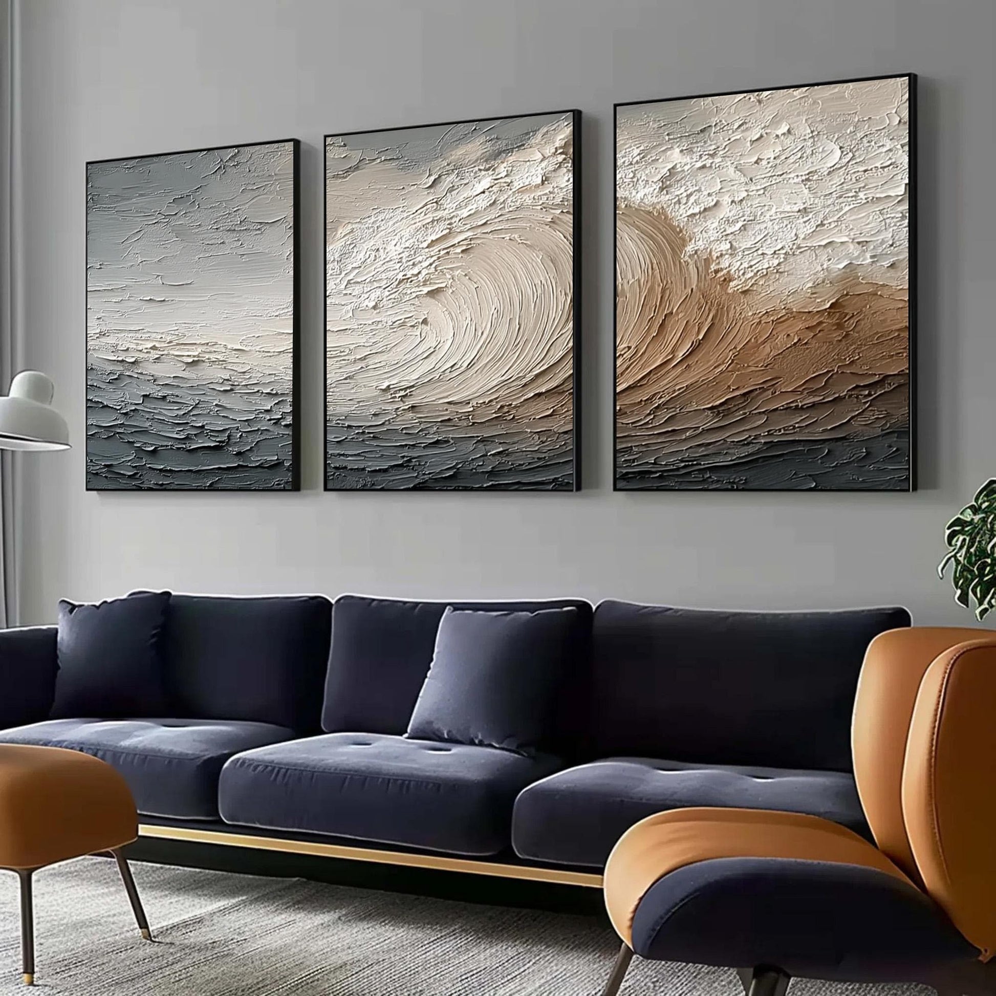 Textured Ocean Wave Triptych – Ocean Wave Seascape Wall Art | Abstract Textured Painting, view 3