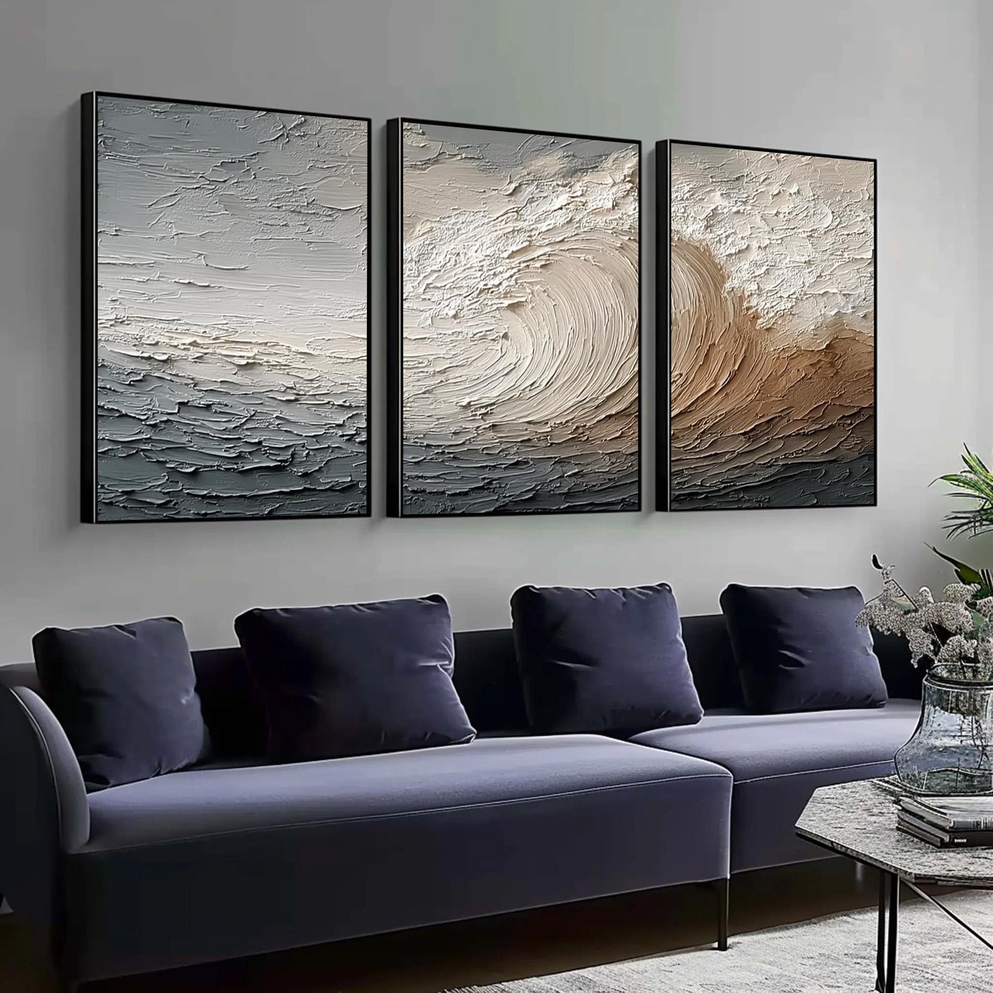 Textured Ocean Wave Triptych – Ocean Wave Seascape Wall Art | Abstract Textured Painting, view 2