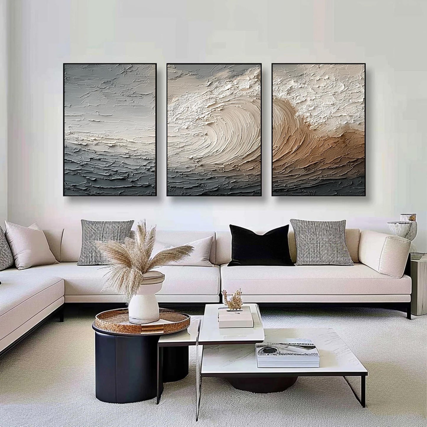 Textured Ocean Wave Triptych – Ocean Wave Seascape Wall Art | Abstract Textured Painting, view 1