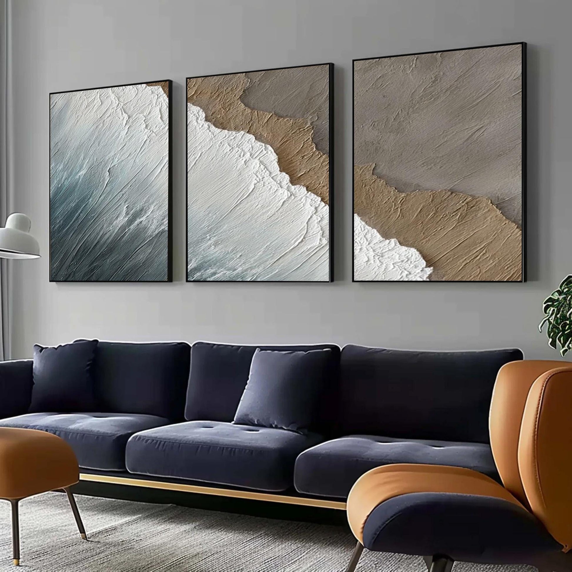 Textured Wave Triptych – Beach Seascape Wall Art | Abstract Textured Painting, view 3