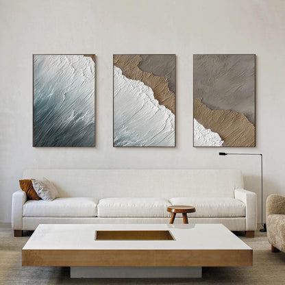 Abstract Textured Beach Seascape Wall Art – Textured Wave Triptych
