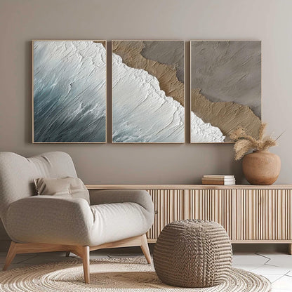 Textured Wave Triptych – Beach Seascape Wall Art | Abstract Textured Painting, view 5
