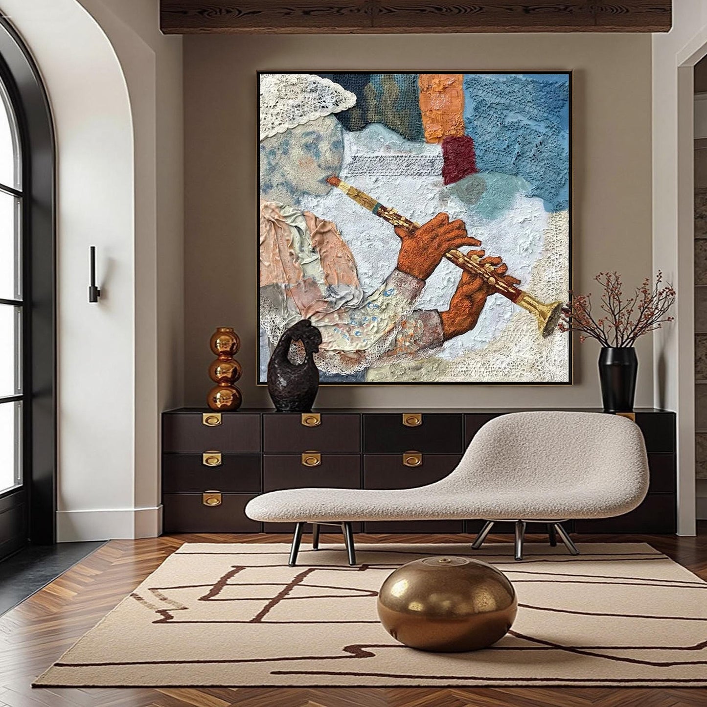 Textured Abstract Wall Art – Flute Player Mixed Media Painting