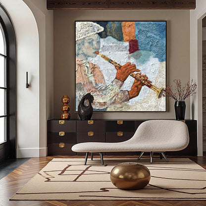 Textured Abstract Wall Art – Flute Player Mixed Media Painting