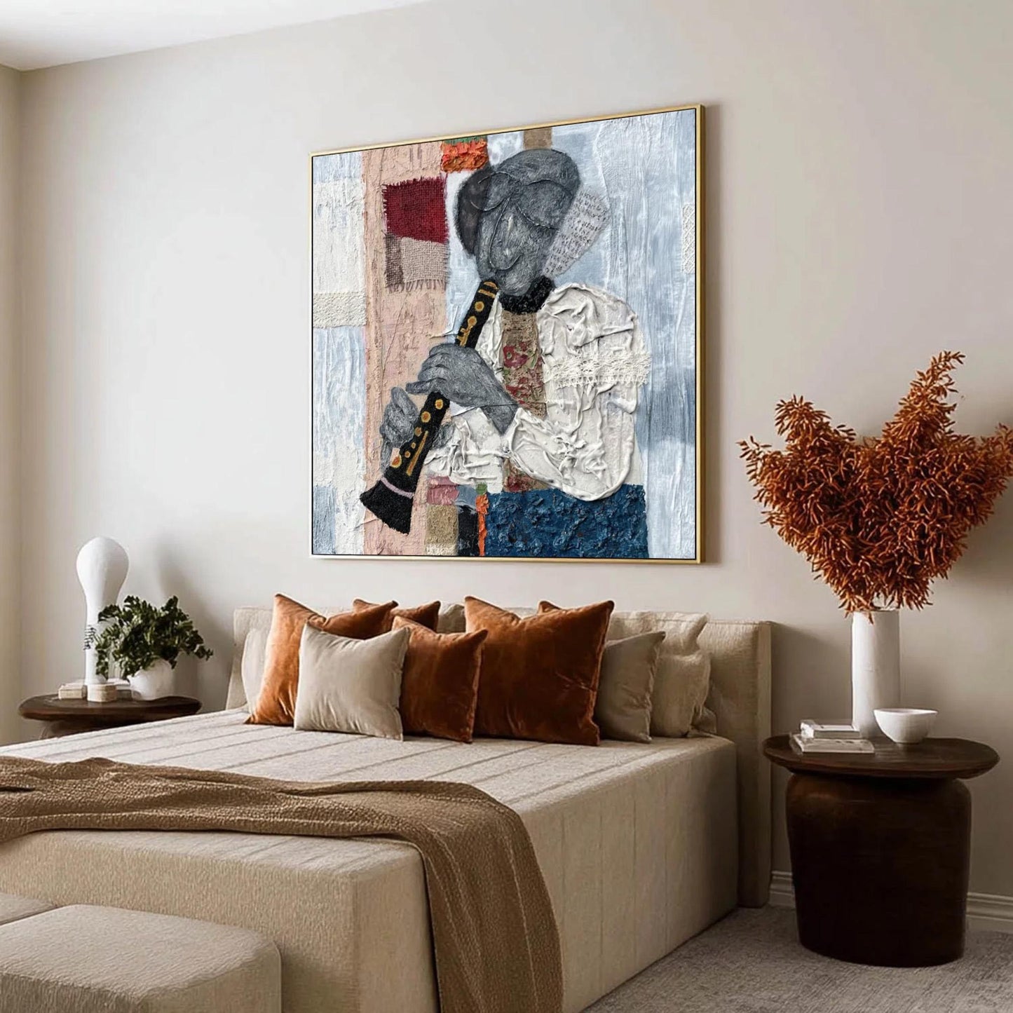 Textured Mixed Media Flute Player Painting – Abstract Wall Art | Textured Mixed Media Painting, view 2