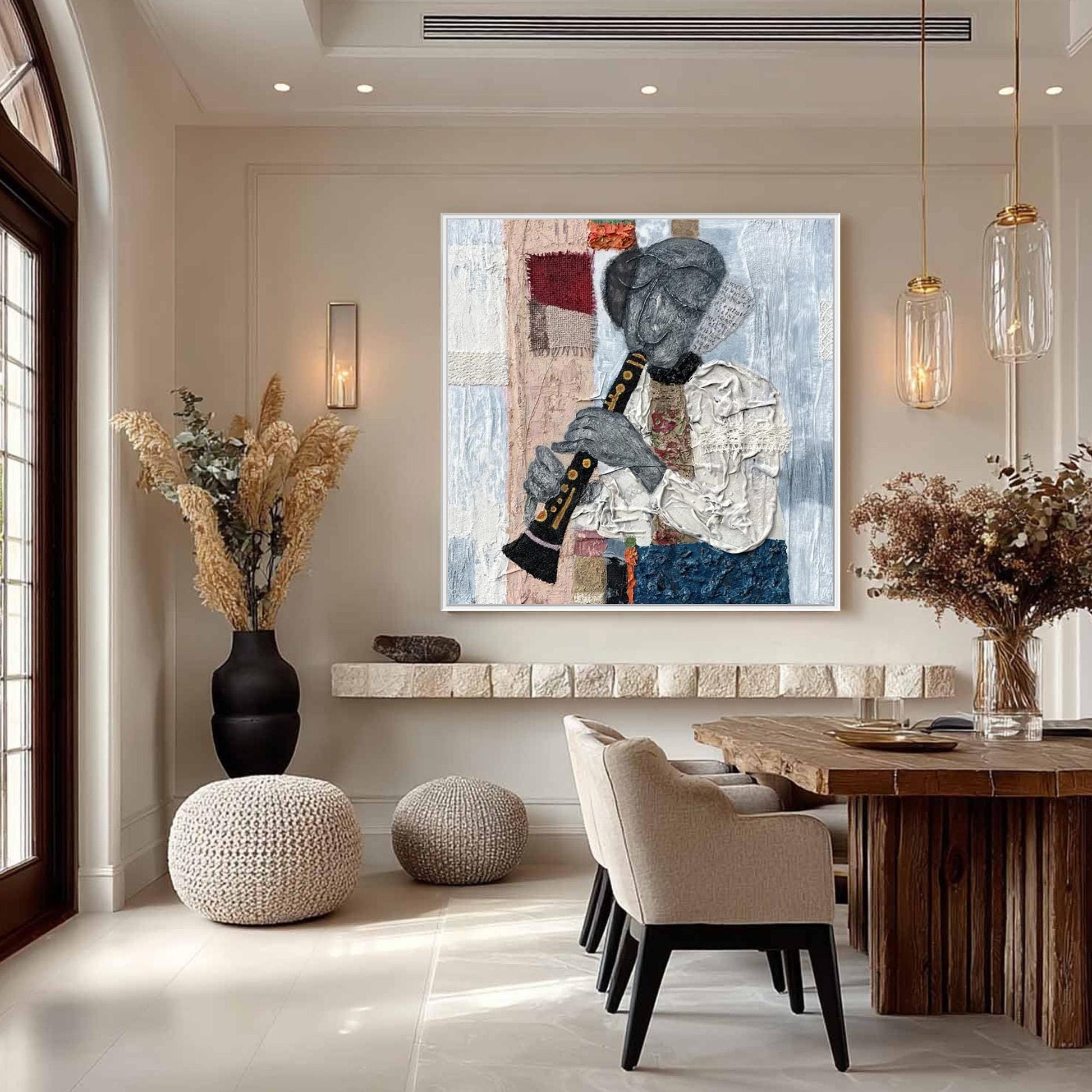 Textured Mixed Media Flute Player Painting – Abstract Wall Art | Textured Mixed Media Painting, view 5