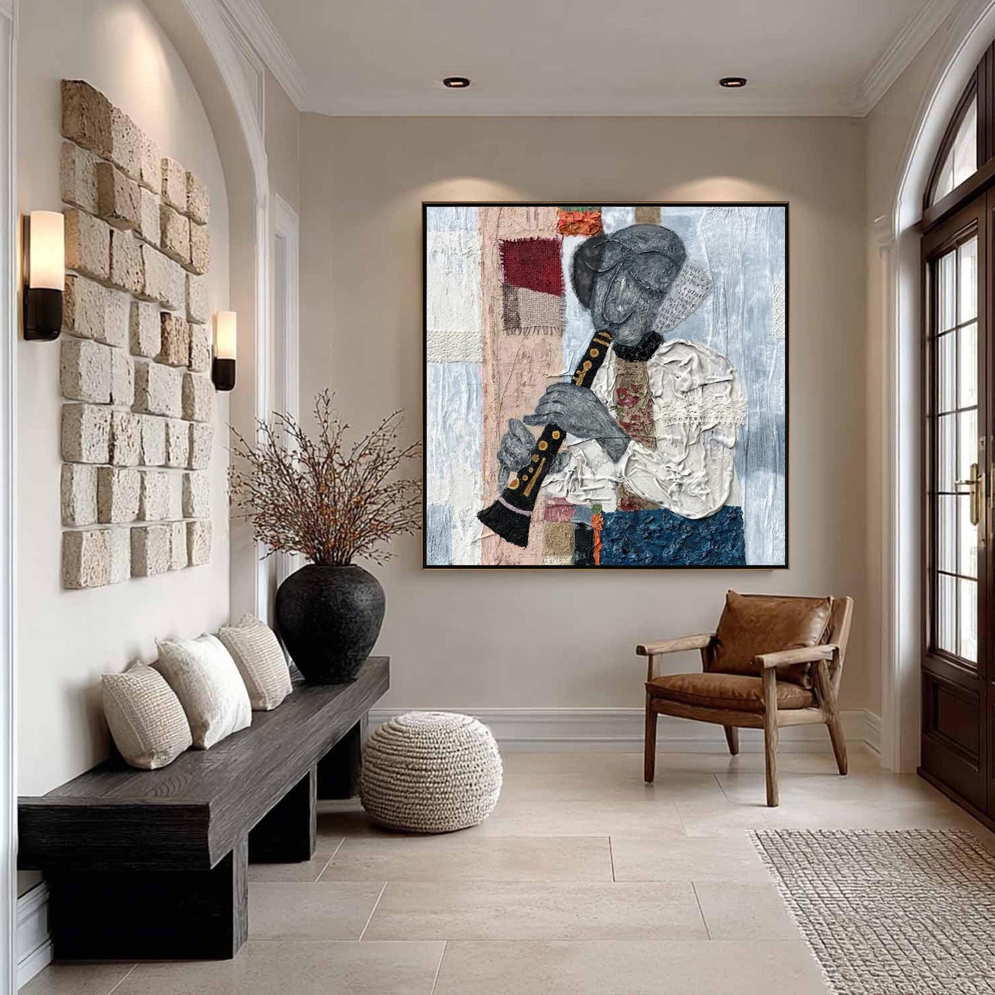 Textured Mixed Media Flute Player Painting – Abstract Wall Art | Textured Mixed Media Painting, view 1