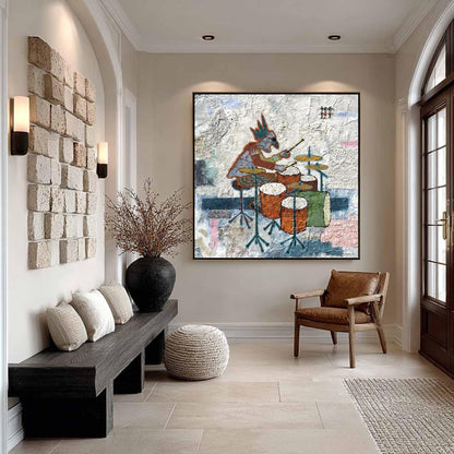 Abstract Figure Portrait Wall Art – Textural Mixed Media Drummer Painting