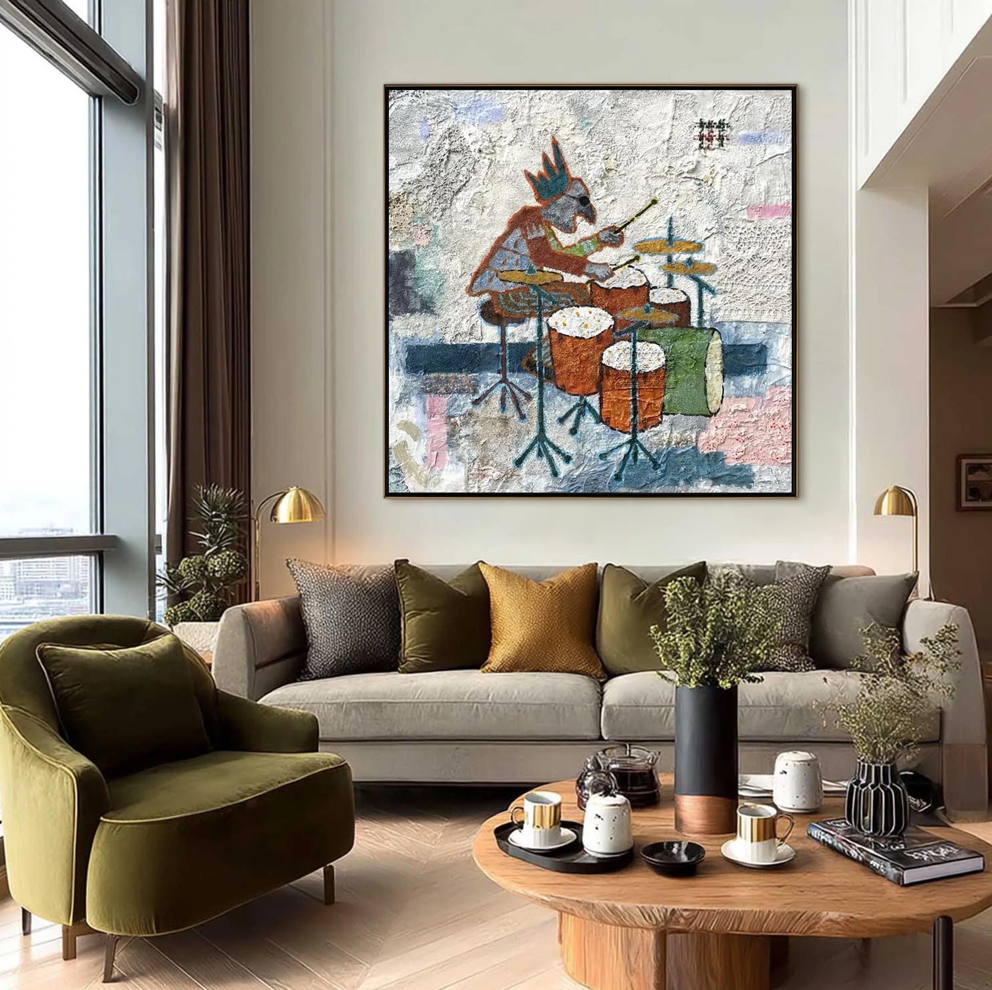 Textural Mixed Media Drummer Painting – Couple Figure Portrait Wall Art | Abstract Mixed Media Painting, view 1