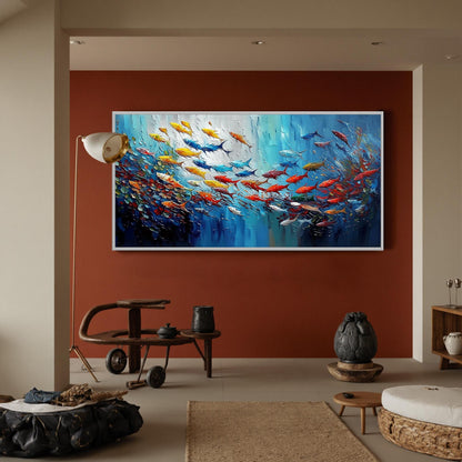 Blue Textured Underwater Ocean Wall Art – Vibrant Tropical Fish