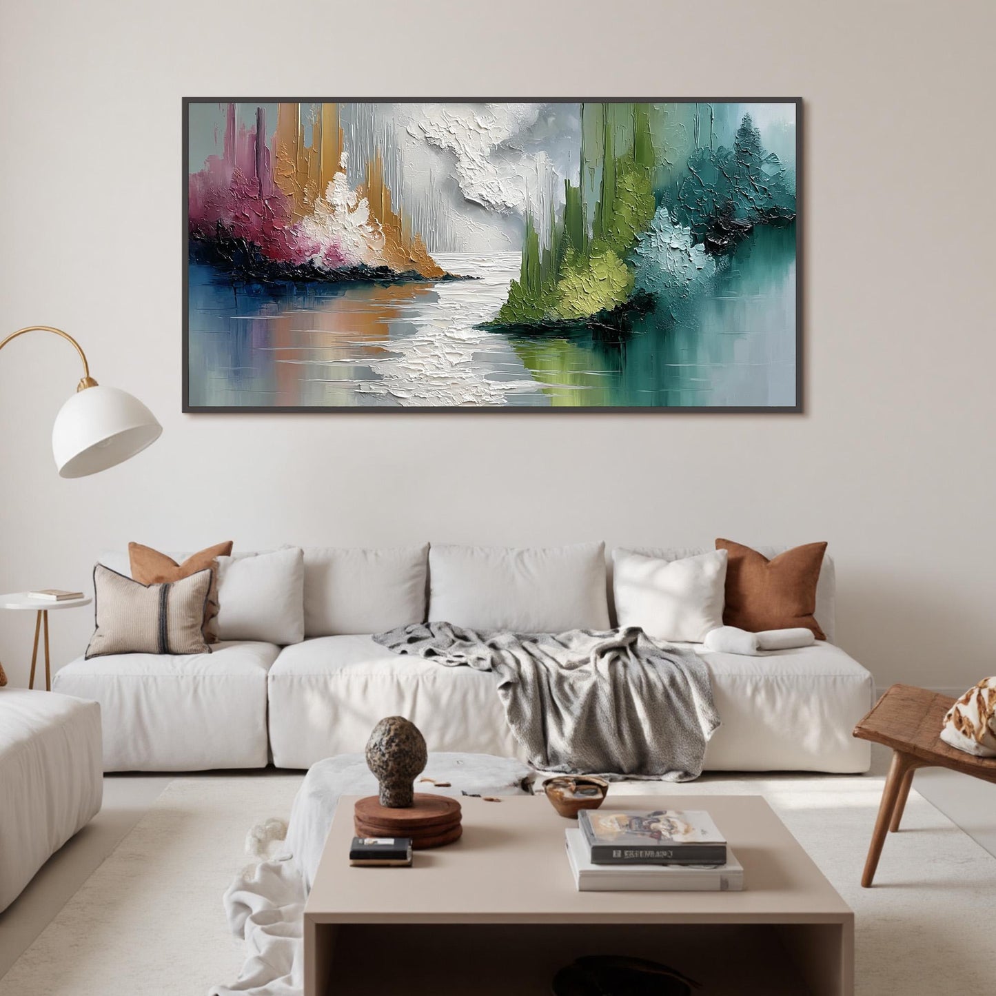 Impasto Mountain Lake Painting, Reflective Water, Calming Landscape Art – Colorful Lake Landscape Wall Art | Abstract Impasto