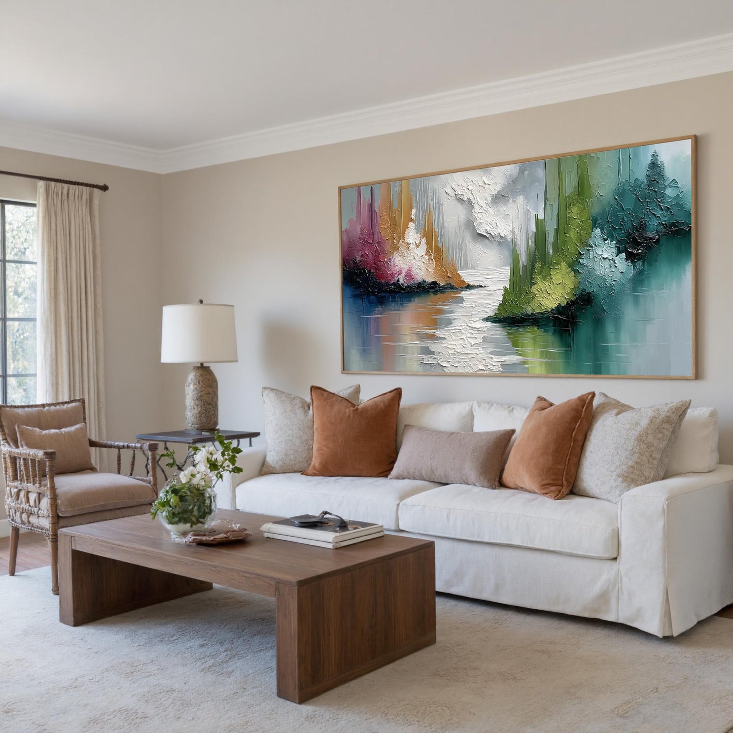 Impasto Mountain Lake Painting, Reflective Water, Calming Landscape Art – Colorful Lake Landscape Wall Art | Abstract Impasto