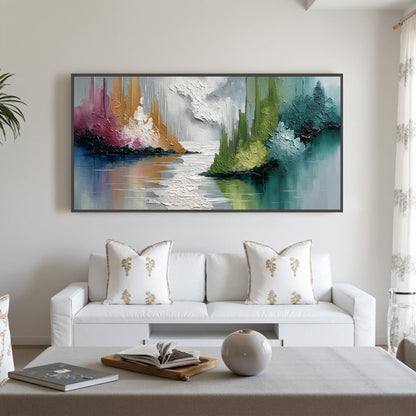 Impasto Mountain Lake Painting, Reflective Water, Calming Landscape Art – Colorful Lake Landscape Wall Art | Abstract Impasto
