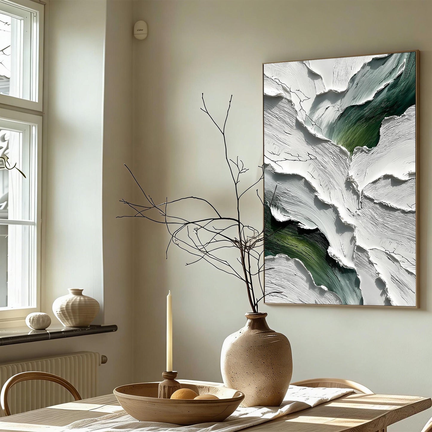 Green and White Impasto Abstract Minimalist Wall Art