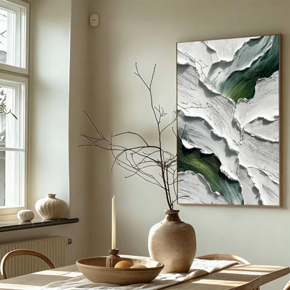 Green and White Impasto Abstract Minimalist Wall Art