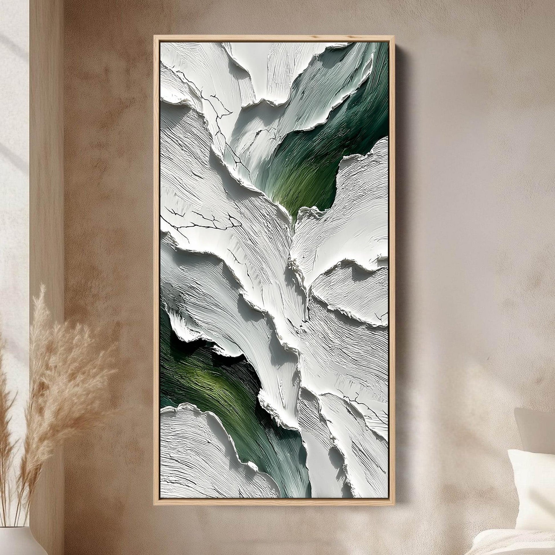 Textured Impasto Painting, White and Green Abstract Art, Crackle Effect – Green and White Abstract Minimalist Wall Art | Impa