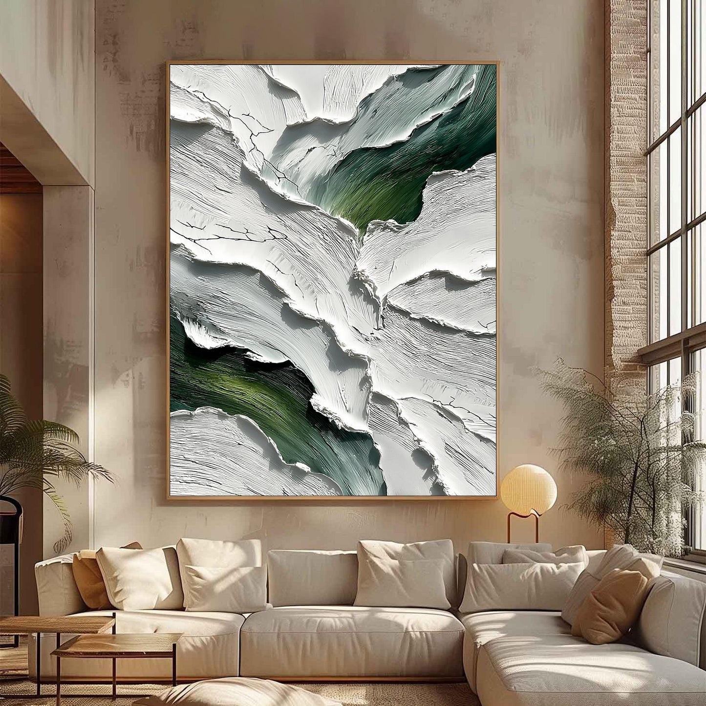 Textured Impasto Painting, White and Green Abstract Art, Crackle Effect – Green and White Abstract Minimalist Wall Art | Impa