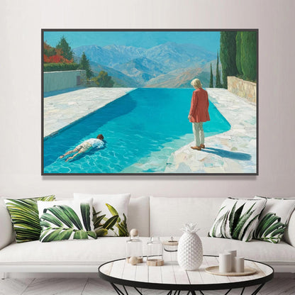 Poolside Mountain View Painting, Serene Outdoor Scene Art – Colorful Mountain Wall Art | Hand-Painted Painting, view 1