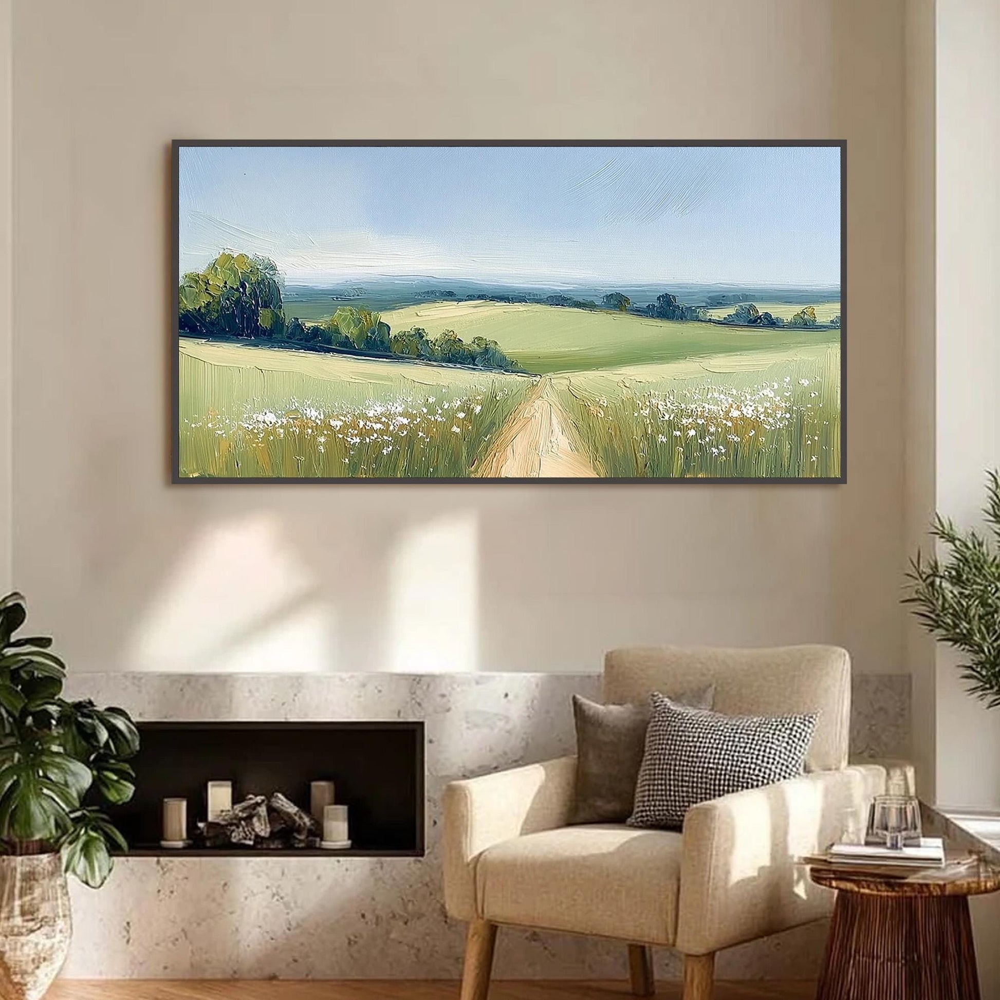 Impasto Oil Landscape Painting, Sunny Country Lane Meadow Artwork, Pastoral Wall Decor – Green Meadow Landscape Wall Art | Im