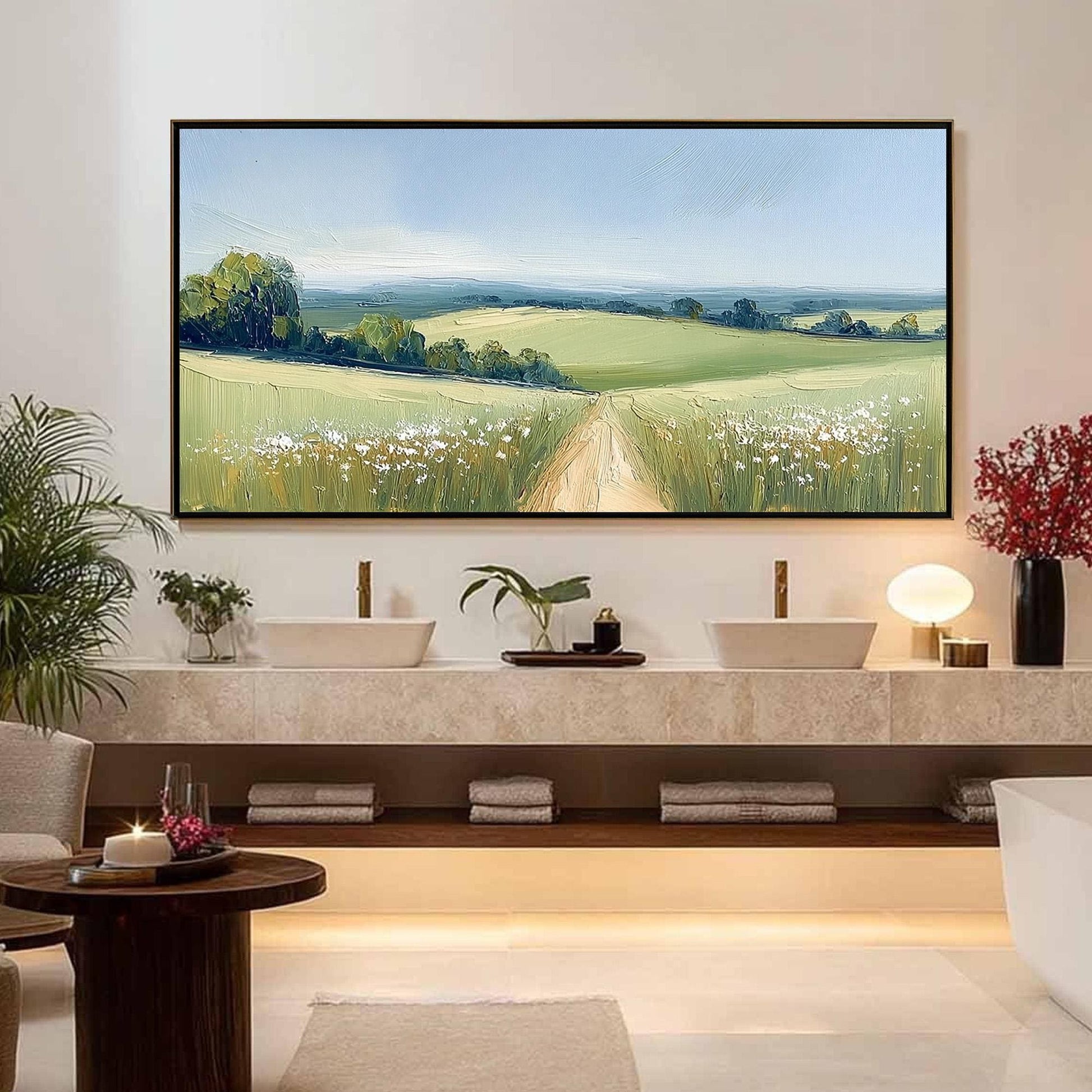 Impasto Oil Landscape Painting, Sunny Country Lane Meadow Artwork, Pastoral Wall Decor – Green Meadow Landscape Wall Art | Im