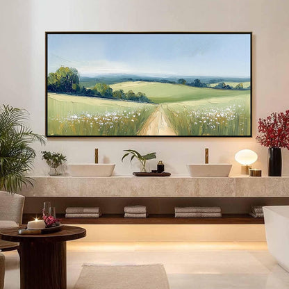 Impasto Oil Landscape Painting, Sunny Country Lane Meadow Artwork, Pastoral Wall Decor – Green Meadow Landscape Wall Art | Im