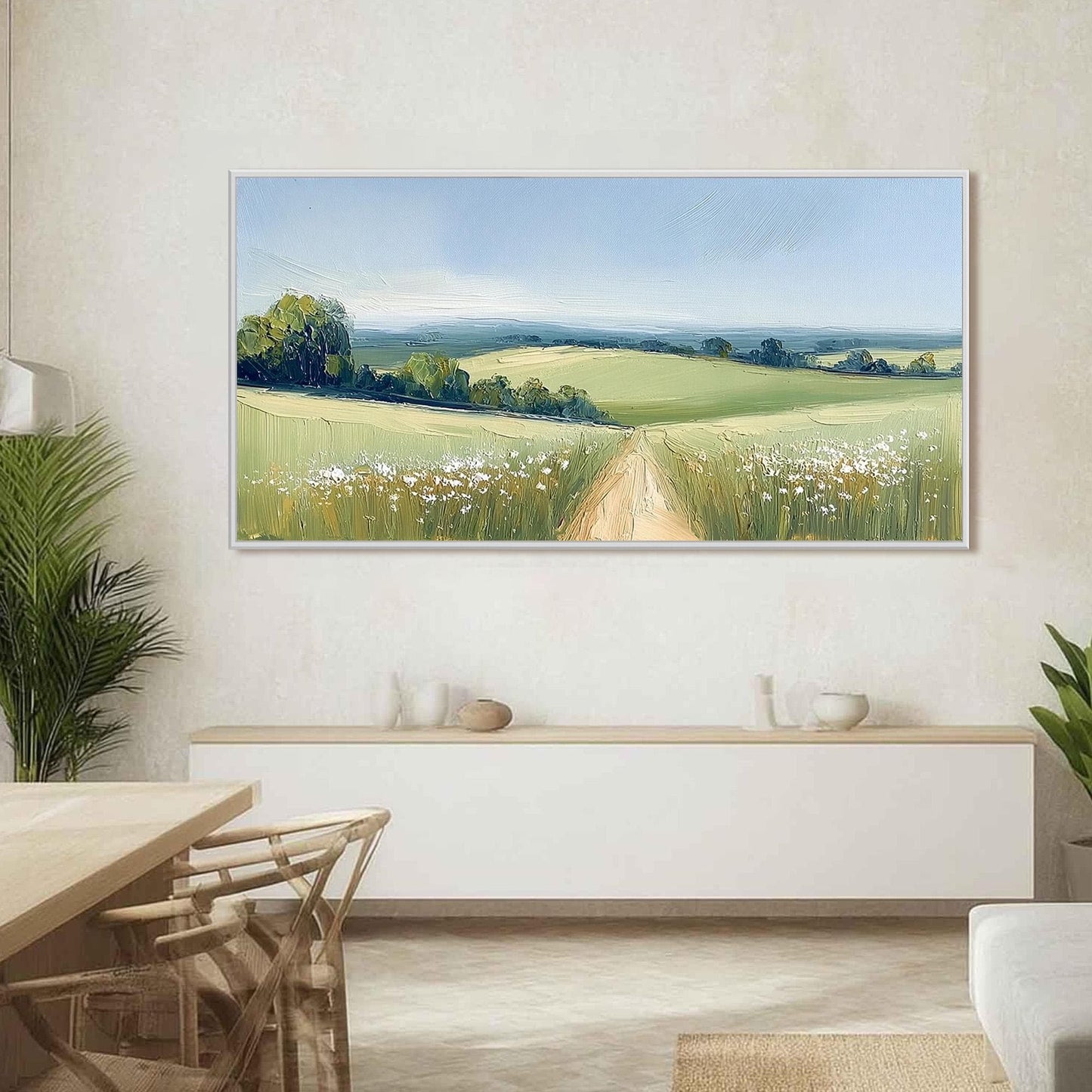 Green Impasto Meadow Landscape Wall Art – Sunny Country Lane Painting