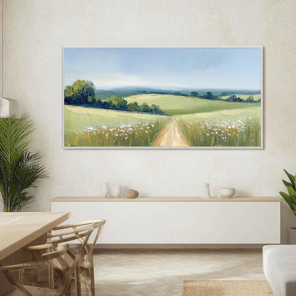 Green Impasto Meadow Landscape Wall Art – Sunny Country Lane Painting