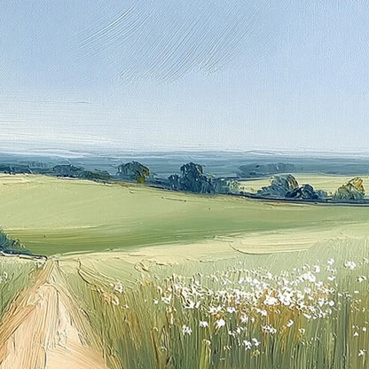 Green Impasto Meadow Landscape Wall Art – Sunny Country Lane Painting
