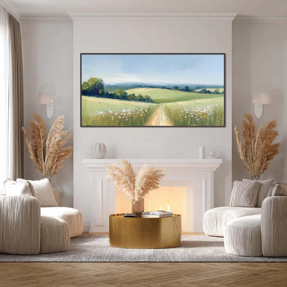 Green Impasto Meadow Landscape Wall Art – Sunny Country Lane Painting