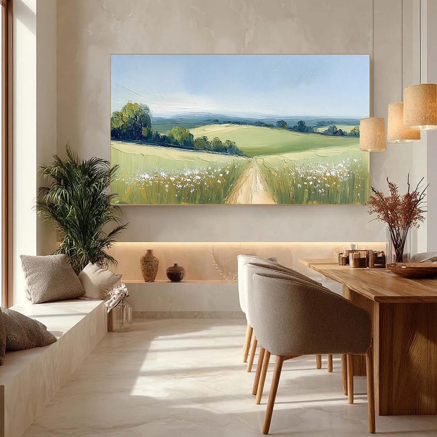 Impasto Oil Landscape Painting, Sunny Country Lane Meadow Artwork, Pastoral Wall Decor – Green Meadow Landscape Wall Art | Im