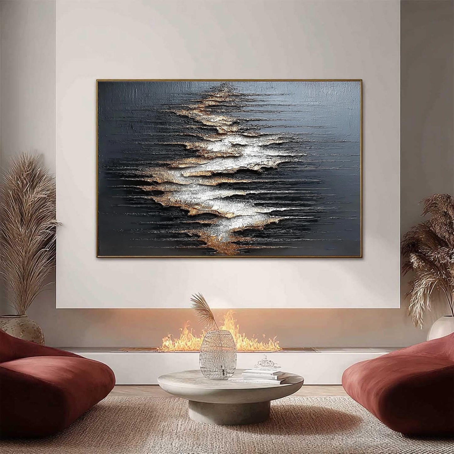 Textured Black Abstract Painting, Gold Silver Relief, Modern Metallic Mixed Media Artwork – Gold and Silver Abstract Minimali