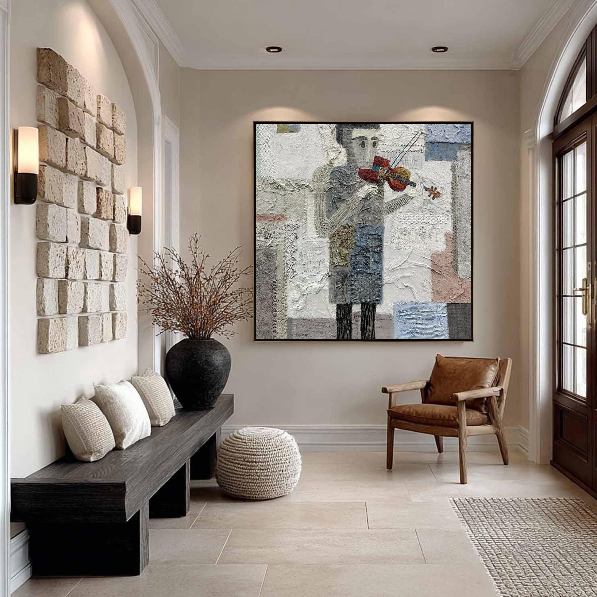 Textured Violinist Canvas Art – Couple Figure Portrait Wall Art | Textured Painting, view 1